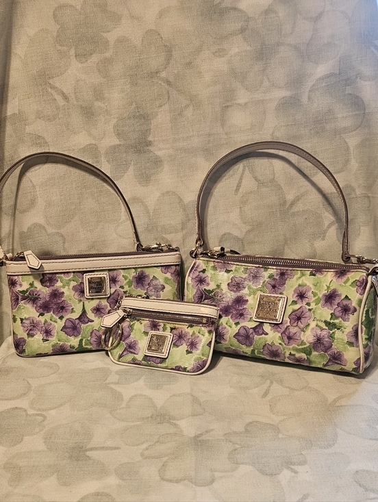 Dooney & Bourke Handbags - Dooney and Bourke Purple Petunia Mini Barrel Bag, Large Slim Wristlet, Coin Case